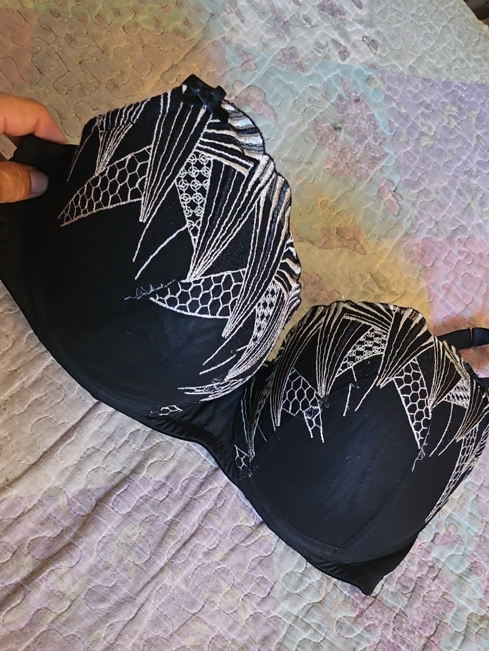 Cacique Black Bra with White Embroidered Accents